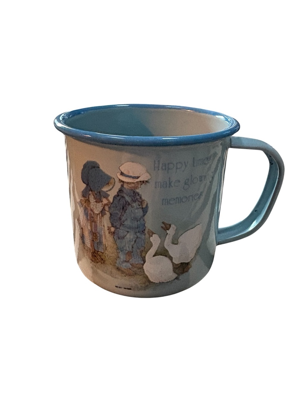 Vintage Holly Hobbie Happy Times Make Glowing Memories Blue Rim Enamel Mug
